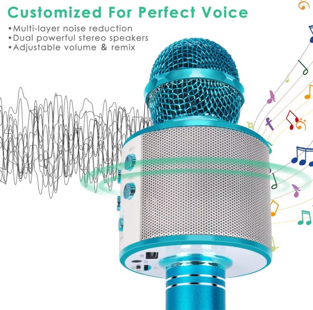 Silver WS858 3-in-1 Wireless Bluetooth Karaoke Microphone Portable Mic Speaker KTV (Category: Microphones) located in Singapore. Submitted by m4iiii (Listing ID 1378330360, Image 3). Description: - Speaker of microphone is dented, other than that still works fine - Comes with box and charger.