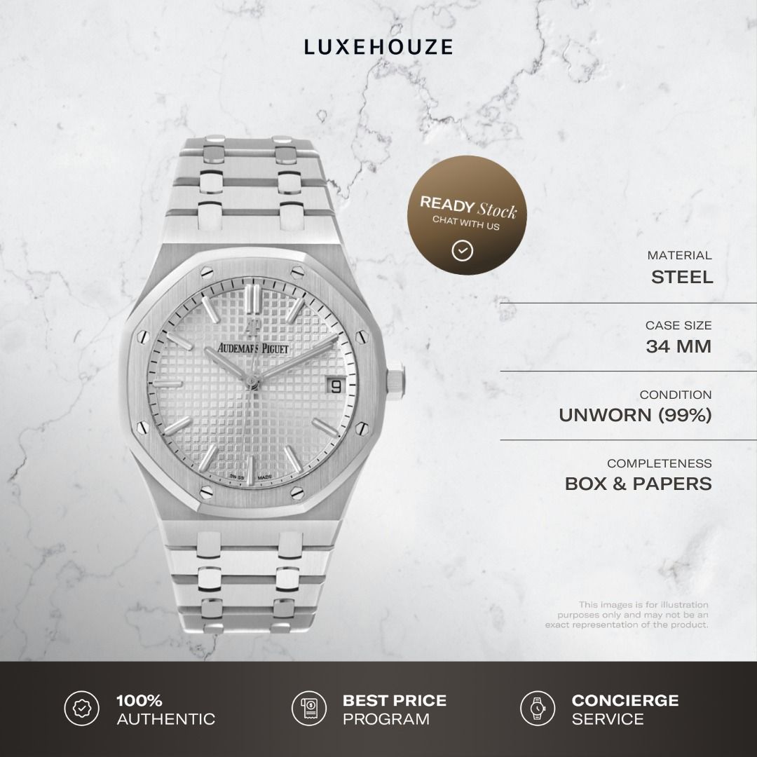 Unworn 2025 Audemars Piguet Royal Oak 34 77450ST.OO.1361ST.02 77450ST Silver (Category: Watches) located in Singapore. Submitted by luxehouze (Listing ID 1359180123, Image 1). Description: Join our Community for special deals and latest arrivals! //bit.ly/LHWatchesSG Watch Details: SKU: 0014484 Condition: Unworn (99%) Dial: Silver Year: 2025 Completeness: Box & Papers This item is available at Luxehouze Boutique Singapore. Please contact us to sc