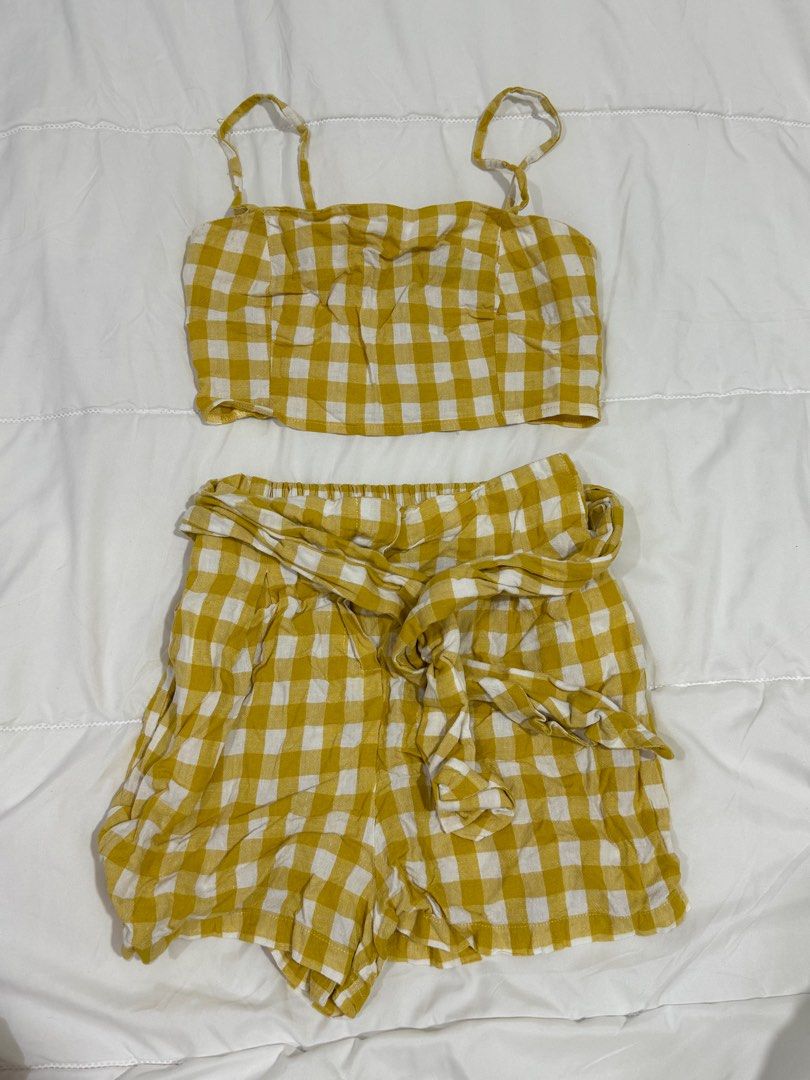 Yellow Gingham Co-Ordinates (Top & Shorts) (Category: Sets or Coordinates) located in Manila. Submitted by dress2impress_ (Listing ID 1378258478, Image 2). Description: — used once only. In good condition — orig price was ₱2.5k for the set — rfs: doesn’t fit me anymore — XS on top, S on bottoms.