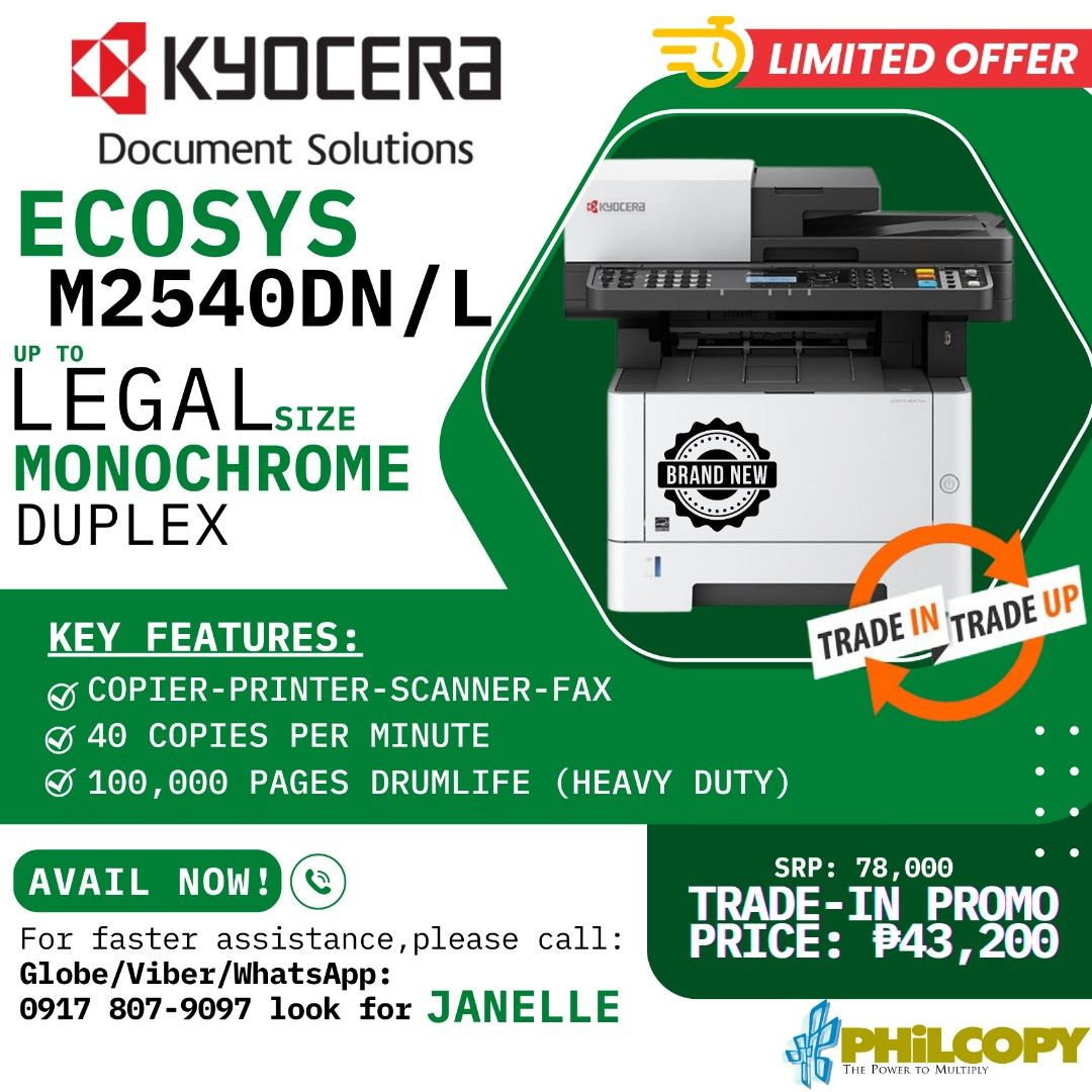 All One Xerox Machine Ecosys m2540dn (Category: Printers, Scanners & Copiers) located in Manila. Submitted by kyocerajanelle (Listing ID 1381711959, Image 1). Description: Promo valid within Metro Manilla only! Promo valid until July 2025! 🗓️.