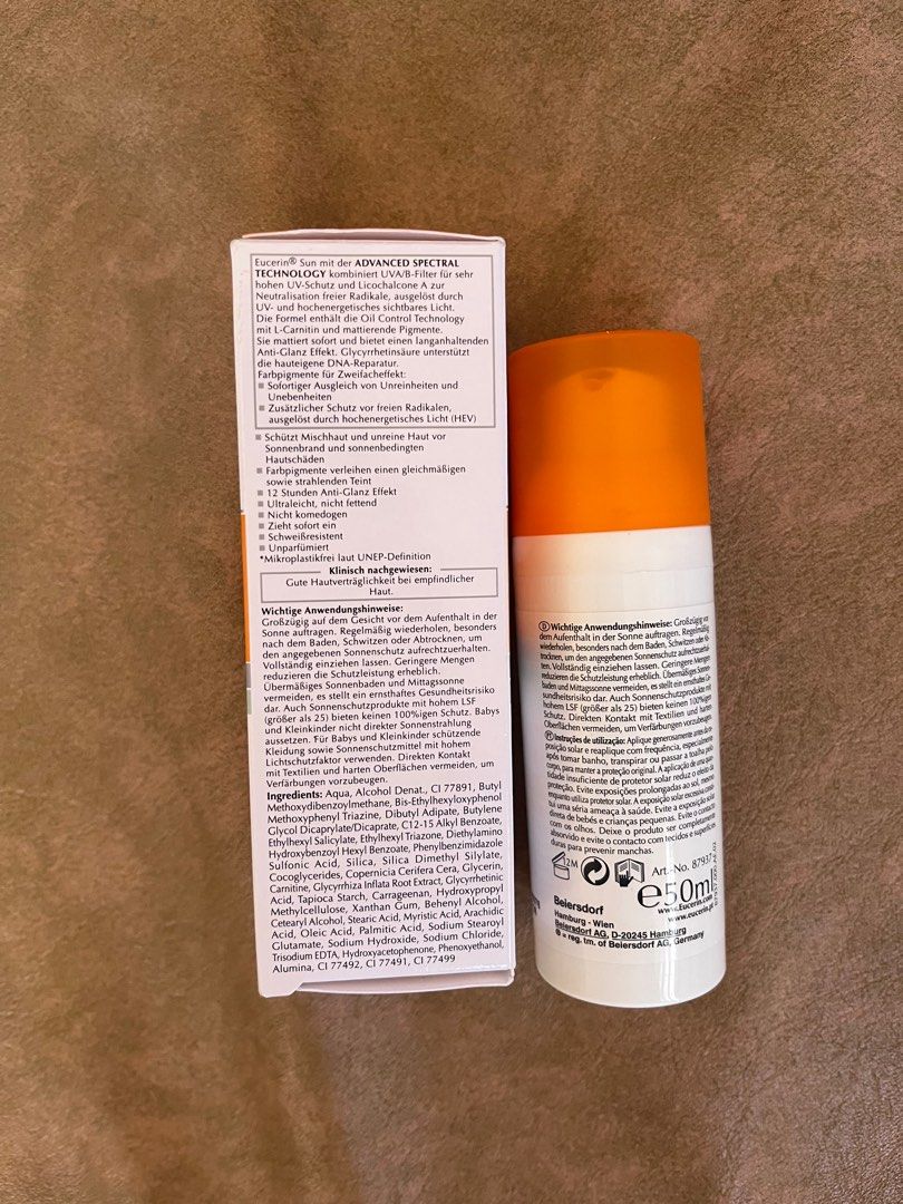 EUCERIN (Light) Oil Control Tinted Sunscreen SPF 50+ (Category: Face Care) located in General Trias. Submitted by rowenayulopez-77454 (Listing ID 1381699482, Image 2). Description: Authentic Used once only W/box .