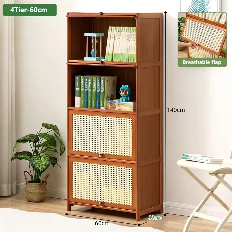 Flip Door Bookshelf Cabinet | Rattan Front Storage Cabinet | 4-Tier ...