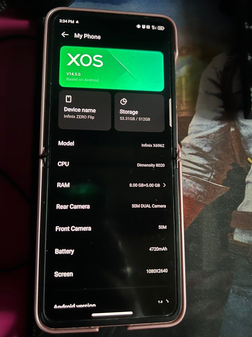 Infinix zero FLIP (Category: Android Others) located in Quezon City. Submitted by bebelablabnimylad (Listing ID 1381747706, Image 3). Description: The Infinix Zero Flip is a foldable smartphone with a 6.9-inch AMOLED display and a 3.64-inch AMOLED cover screen, both with a 120Hz refresh rate. It’s powered by a MediaTek Dimensity 8020 processor, paired with 8GB of RAM (expandable to 16GB) and 256GB or 512GB of storage. The phone has a dual rear ca