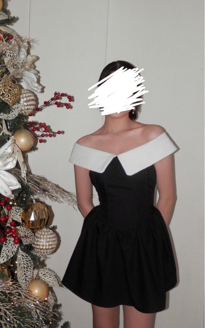 mini dress black and white (Category: Dresses) located in Pasig City. Submitted by ells.preloved (Listing ID 1381738618, Image 1). Description: off shoulder top corset bodice hand sewed to be tighter waistline 24 inch .