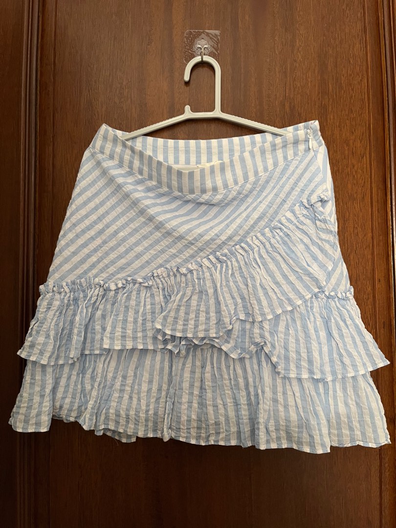 Rok ruffle h&m size M (EU 38) biru putih, Fesyen Wanita, Pakaian Wanita ...