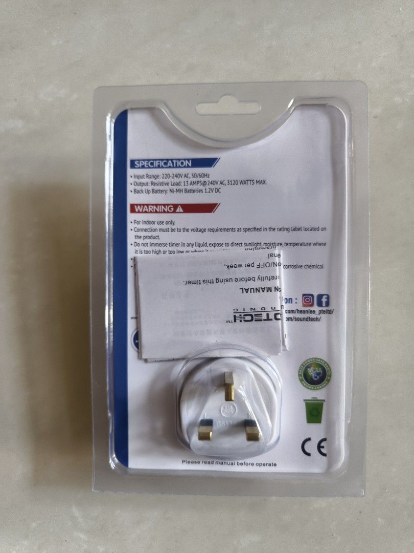 SoundTech Mini Digital Timer (Category: Other Home Appliances) located in Singapore. Submitted by r_wong (Listing ID 1381752212, Image 2). Description: - Brand new SoundTech Mini Digital Timer - Daily and weekly programmable - Minimum switching time: 1 minute - Clear LCD display - Auto/Manual mode - Input: 230-240V AC, 50Hz, 13A, 3250W max - Backup battery: Ni-MH 1.2V DC.