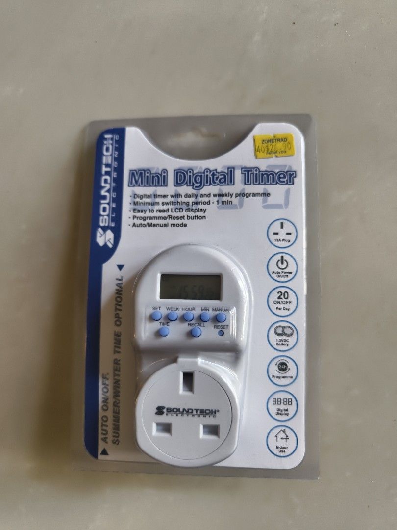 SoundTech Mini Digital Timer (Category: Other Home Appliances) located in Singapore. Submitted by r_wong (Listing ID 1381752212, Image 1). Description: - Brand new SoundTech Mini Digital Timer - Daily and weekly programmable - Minimum switching time: 1 minute - Clear LCD display - Auto/Manual mode - Input: 230-240V AC, 50Hz, 13A, 3250W max - Backup battery: Ni-MH 1.2V DC.