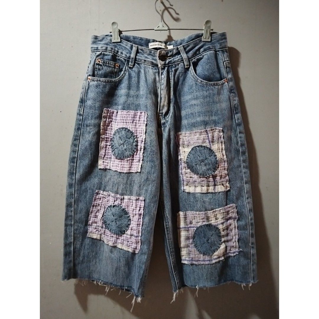 Upcycled baggy denim jorts (Category: Other Bottoms) located in Calamba. Submitted by mimabuy (Listing ID 1379598742, Image 1). Description: personally redesigned by me 1 of 1 design, from pants to jorts size description waist: 28" | length: 26" Good Condition.