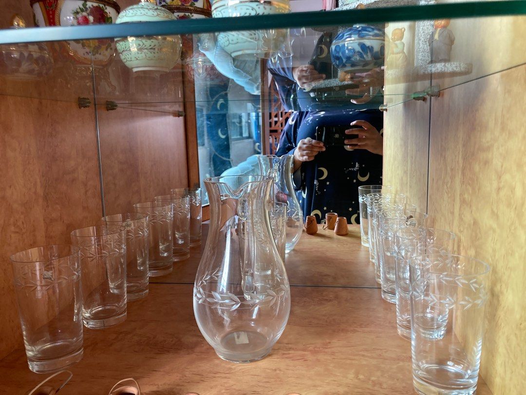 Vintage Etched Glass Pitcher and Tumbler Set