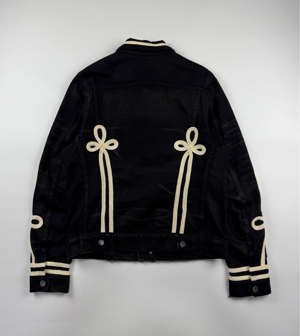 Amiri Roping Embroidered Denim Trucker Jacket (Category: Coats, Jackets and Outerwear) located in Paranaque City. Submitted by _baclarancartel (Listing ID 1382085907, Image 2). Description: Amiri Roping Embroidered Denim Trucker Jacket Sz Medium 9/10 Condition Width: 21 Length: 25 Shoulder: 17 Sleeve: 27.