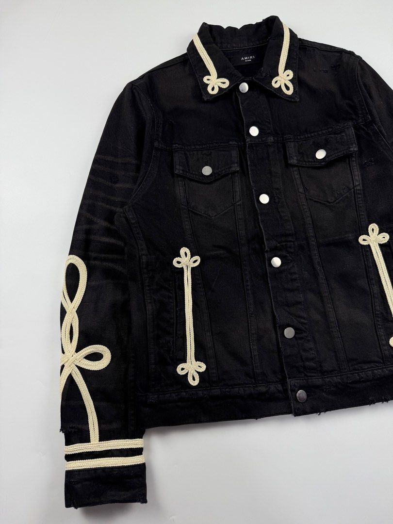 Amiri Roping Embroidered Denim Trucker Jacket (Category: Coats, Jackets and Outerwear) located in Paranaque City. Submitted by _baclarancartel (Listing ID 1382085907, Image 3). Description: Amiri Roping Embroidered Denim Trucker Jacket Sz Medium 9/10 Condition Width: 21 Length: 25 Shoulder: 17 Sleeve: 27.