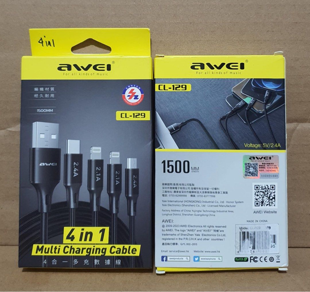 Awei 1.5m 4-in-1 Fast charging micro USB Type C Lightning Cable 2.4A (Category: Chargers & Cables) located in Manila. Submitted by mxrx_ (Listing ID 1381989328, Image 2). Description: .