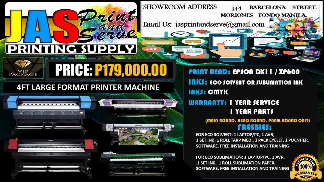 Brand New 4ft Large Format Printer, Subliamtion Printer, Eco Solvent, Tarpaulin Printer, DTF Printer (Category: Printers, Scanners & Copiers) located in Quezon City. Submitted by joemhelbarros272612 (Listing ID 1381928346, Image 1). Description: Supplier here! Looking for top-quality printing equipment and supplies? Look no further than JASPrint And Serve Printing Supply! We're easy to find and always ready to serve. Address: 344 Moriones Street,