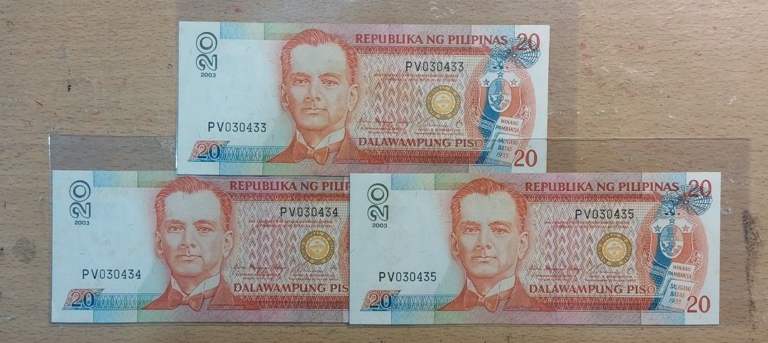 NDS CRISPY 20 PESO BILLS SET WITH SEQUENTIAL SERIAL NUMBERS (Category: Currency) located in Pasig City. Submitted by leaves21 (Listing ID 1382006637, Image 1). Description: - 20 PESO bills with SEQUENTIAL serial numbers - Crispy banknotes - Bills in set are almost mint condition - notes have some brown spots due to ageing.