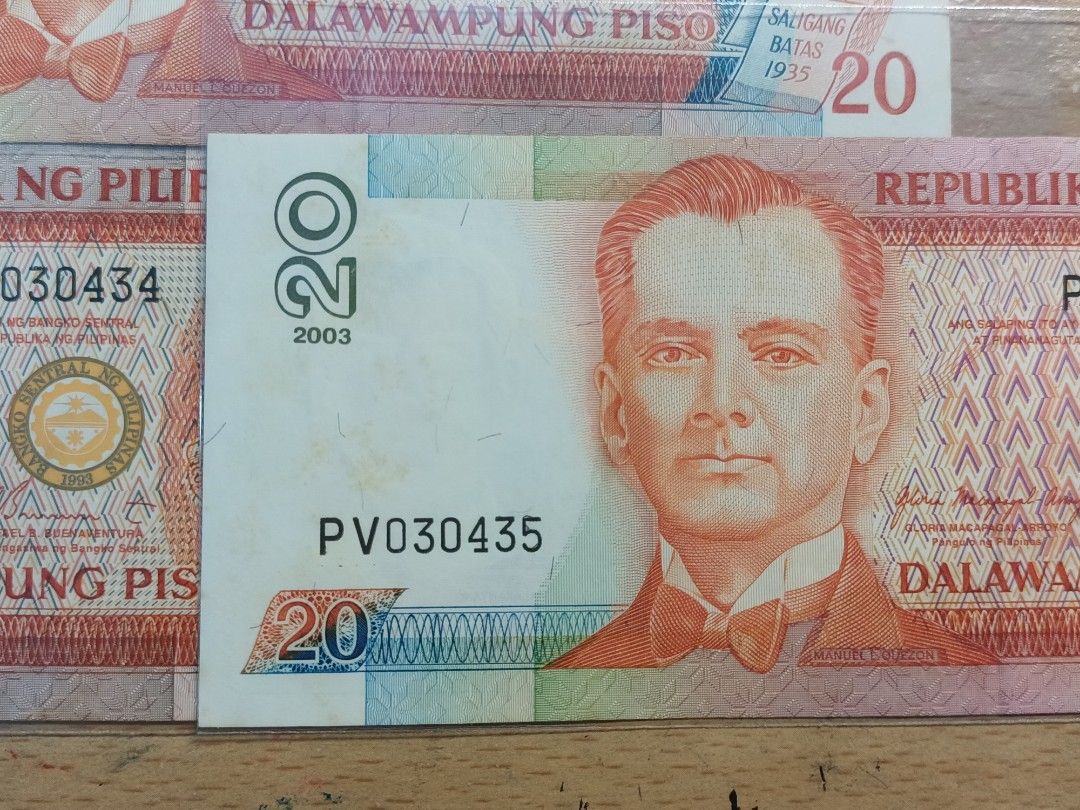 NDS CRISPY 20 PESO BILLS SET WITH SEQUENTIAL SERIAL NUMBERS (Category: Currency) located in Pasig City. Submitted by leaves21 (Listing ID 1382006637, Image 3). Description: - 20 PESO bills with SEQUENTIAL serial numbers - Crispy banknotes - Bills in set are almost mint condition - notes have some brown spots due to ageing.