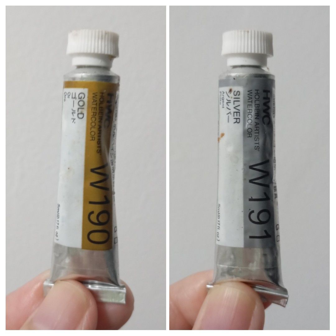 Holbein Watercolour - 2 Tubes I 5ml (Category: Craft Supplies & Tools) located in Taguig. Submitted by fr_lll (Listing ID 1382059075, Image 1). Description: HOLBEIN WATERCOLOR PAINT HWC Watercolour Paint Brand: Holbein Colors: W190 I Gold 1 pc W191 I Silver - 1 pc Size: 5ml tube Description: Purchased late last year. Used sparingly to swatch and compare quality vs another brand. Condition: As seen in photos Packaging: None, Will use bubble wrap &