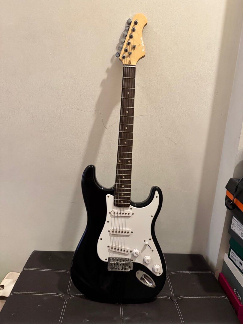 Macsmith Stratocaster Electric Guitar (Category: Musical Instruments) located in Lipa City. Submitted by mgracedue (Listing ID 1381978233, Image 2). Description: BATANGAS CITY LOC MacSmith Stratocaster Electric Guitar Fully functional hardware. Setup: Semi-low action 9 Gauge Strings Issues: Rusty Strings (no High E string) Small scratches Chipped Paint at the bottom MacSmith Guitar Amplifier MS-10 (10 Watts) Fully functional.