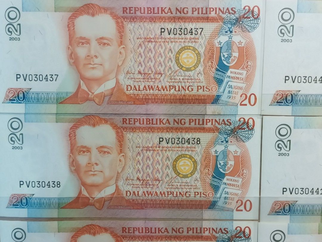 NDS 20 PESO BILLS CRISP SEQUENTIAL SERIAL NUMBER SET (Category: Currency) located in Pasig City. Submitted by leaves21 (Listing ID 1382040012, Image 3). Description: - 20 PESO Bills with SEQUENTIAL Serial Numbers - 6 pieces set - All notes are crispy, almost mint condition - notes have some light, small blemishes (see last few picture).