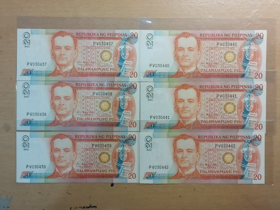 NDS 20 PESO BILLS CRISP SEQUENTIAL SERIAL NUMBER SET (Category: Currency) located in Pasig City. Submitted by leaves21 (Listing ID 1382040012, Image 1). Description: - 20 PESO Bills with SEQUENTIAL Serial Numbers - 6 pieces set - All notes are crispy, almost mint condition - notes have some light, small blemishes (see last few picture).