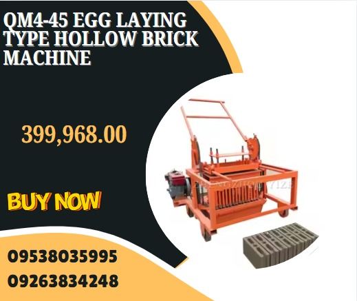 QM4-45 EGG LAYING TYPE HOLLOW BRICK MACHINE (Category: Construction Tools & Equipment) located in Aroroy. Submitted by 09602831019 (Listing ID 1381906326, Image 1). Description: Brick Type: Standard /Hollow/pavement brick Power: diesel engine/semi-auto Carriage Size: egg laying type 40-45s/1cycle Production Capacity: 240*115*53mm 26pcs/mould 240*115*90m 9pcs/mould 400*200*200mm 4pcs/mould 400*150*200mm 5pcs/mould Overall Size:2400*1320*1600mm Tot