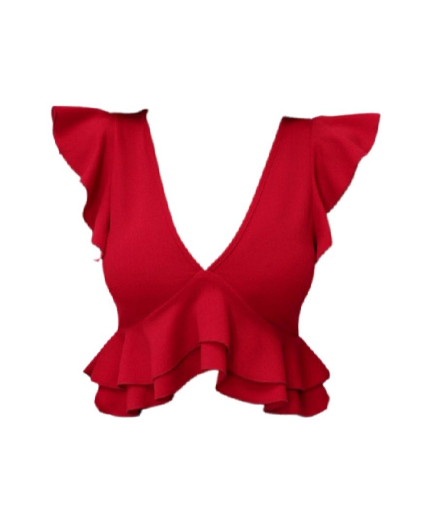 SHEIN VCAY Butterfly Sleeve Ruffle Hem Top (Category: Blouses) located in Quezon City. Submitted by cnccollections (Listing ID 1380532028, Image 1). Description: Red plunging vneck crop top Very cute in actual Good for beach or casual attire.