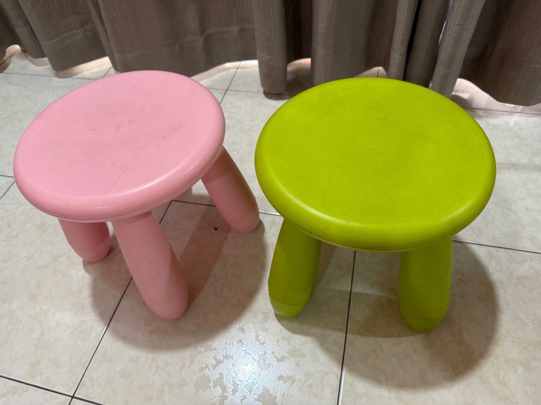 Two IKEA kid chair (Category: Kids' Tables & Chairs) located in Butterworth. Submitted by gembirasong (Listing ID 1381923355, Image 2). Description: Pink and green = RM20 .