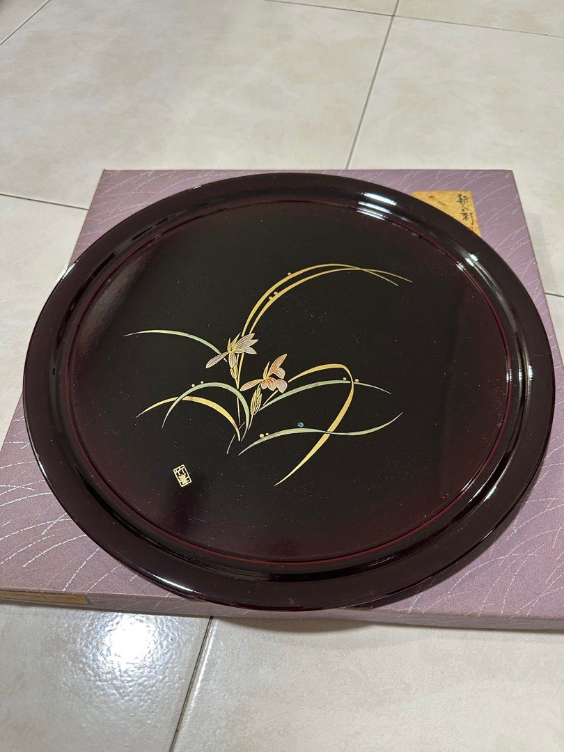 Vintage Japanese Lacquer Tray with Floral Design