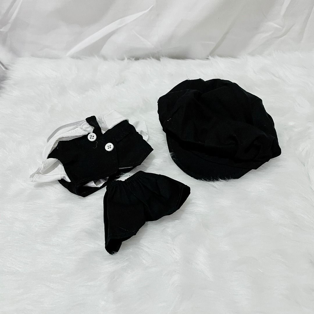 20cm Plush Doll Clothes - Black Vest Set (Category: Plushies & Soft Toys) located in San Pedro. Submitted by jeruri (Listing ID 1382232262, Image 1). Description: - Includes white collared top, black vest, pants, hat, and garter neck tie - Selling as a SET only.