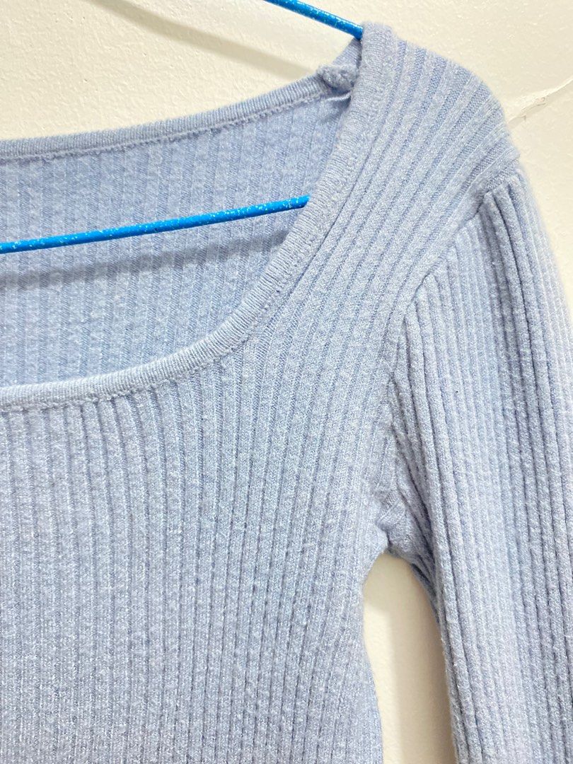 Cropped square neck knitted top (Category: Longsleeves) located in Cavite. Submitted by eessaa08 (Listing ID 1382260985, Image 3). Description: Color: pastel blue Size: xs-s Item description: Square neck, knitted top, cropped style MOP: Gcash MOD: Lalamove or Jnt Location: Cavite City.