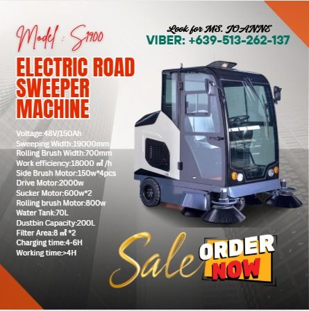 Electric Road Sweeper Machine Model : S1900 (Category: Industrial Equipment) located in Caloocan City. Submitted by ultimatekh80569 (Listing ID 1382110986, Image 1). Description: Voltage:48V/150Ah Sweeping Width:19000mm Rolling Brush Width:700mm Work efficiency:18000 ㎡ /h Side Brush Motor:150w*4pcs Drive Motor:2000w Sucker Motor:600w*2 Rolling brush Motor:800w Water Tank:70L Dustbin Capacity:200L Filter Area:8 ㎡ *2 Charging time:4-6H Working time