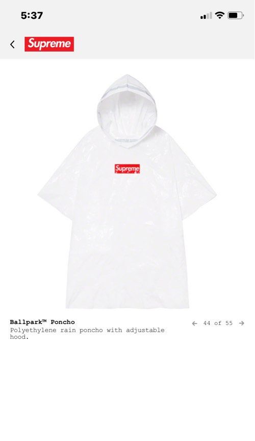 SUPREME PONCHO Ballpark brand new (Category: Luxury Apparel) located in Makati City. Submitted by celebrityauctions (Listing ID 1382195921, Image 3). Description: Only one left. “EXTREMELY RARE Supreme Poncho - Brand New, Never Used, with Original Case! A true holy grail for Supreme collectors, this poncho is a rare and highly sought-after piece from the iconic streetwear brand. Purchased 5 years ago, this poncho has been meticulously preserved i