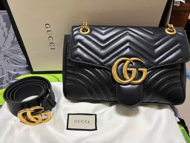 Gucci Marmont Medium Black / 2016 (Category: Luxury Bags & Wallets) located in Quezon City. Submitted by preloved.byfam (Listing ID 1382207848, Image 1). Description: Bought in 2019 from Gucci Greenbelt Complete with Box and Dustbag.