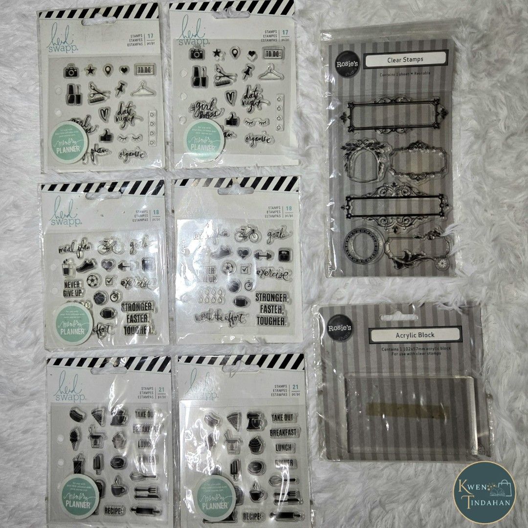 JOURNALING CLEAR STAMPS & ACRYLIC BLOCK (Category: Craft Supplies & Tools) located in Quezon City. Submitted by kwentindahan (Listing ID 1382110348, Image 1). Description: JOURNALING CLEAR STAMPS & ACRYLIC BLOCK for sale all unused details & prices below * CLEAR STAMPS - 1pack only, contains 1 sheet of 6 frame stamps, pack size: 7 x 4 inches, Php170 * ACRYLIC BLOCK- 1pc only, block size: approx. 10.5 x 6 cm, Php100 * WEEKLY PLAN STAMPS - 2packs a