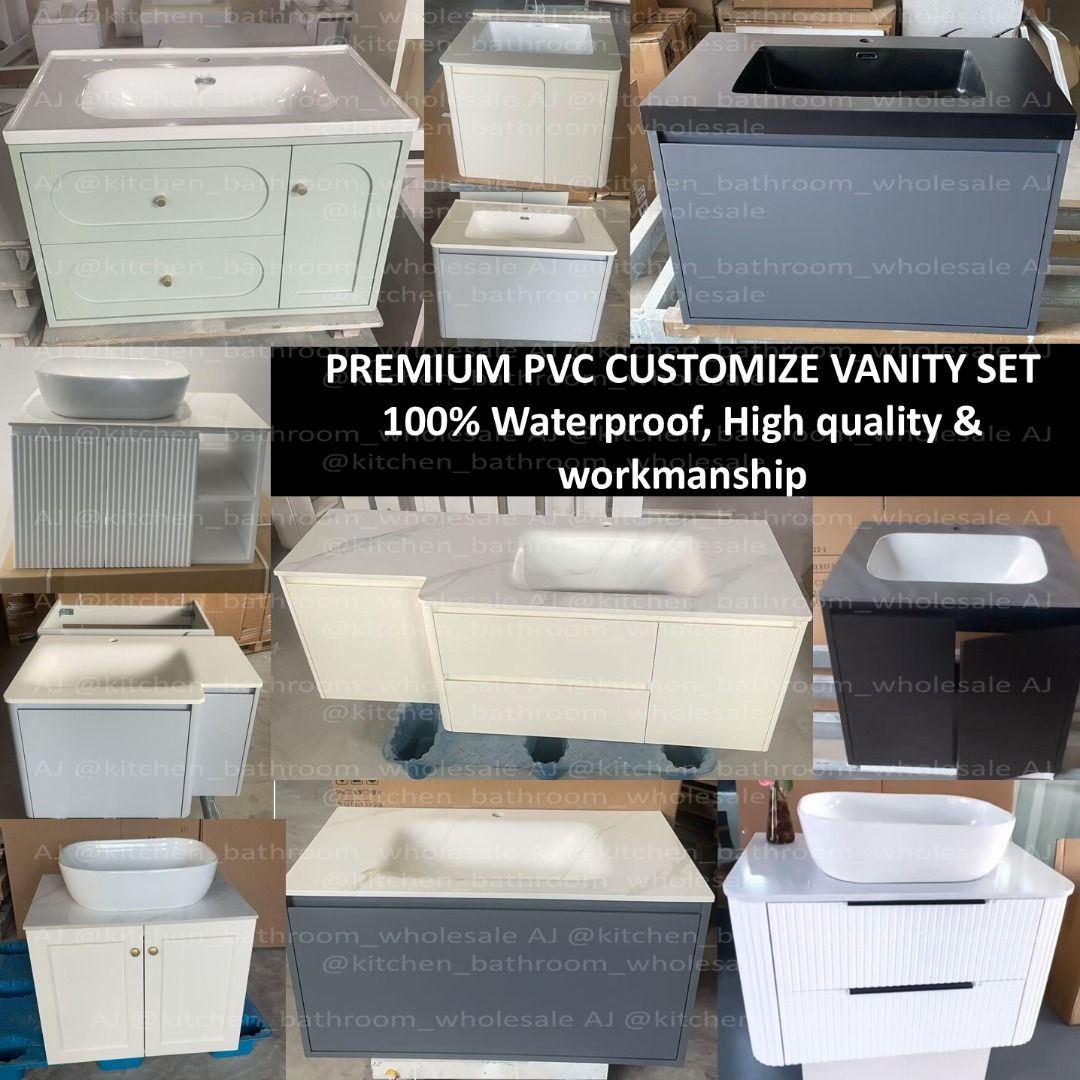 Premium quality PVC bathroom vanity 100% waterproof, high quality good workmanship ! / Gunmetal bathroom vanity / black bathroom vanity / curve vanity (Category: Bathroom & Kitchen Fixtures) located in Singapore. Submitted by kitchen_bathroom_wholesale (Listing ID 1382241541, Image 1). Description: Premium High Quality PVC Bathroom Vanity / Basin Cabinet No instock **Customized** Waiting time 2-3 weeks ** FULL SET** All sets come with a tap, loca