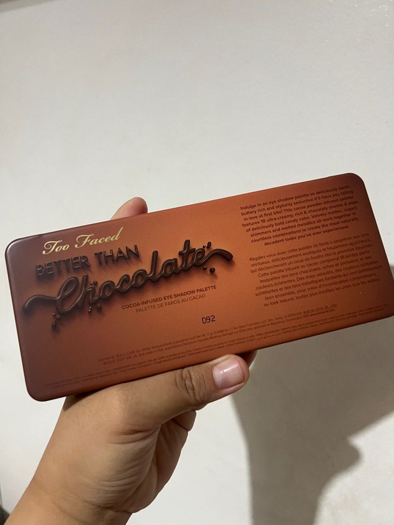 Too Faced Better Than Chocolate Palette (Category: Makeup) located in Quezon City. Submitted by nugssells (Listing ID 1382279933, Image 2). Description: ‼️FINAL PRICE POSTED – NO HAGGLING. LOW BALLERS WILL BE IGNORED. ‼️ Authentic from the US Barely used, no flaws or visible signs of usage No more box SRP is 54 USD but got it on sale hence selling it low .