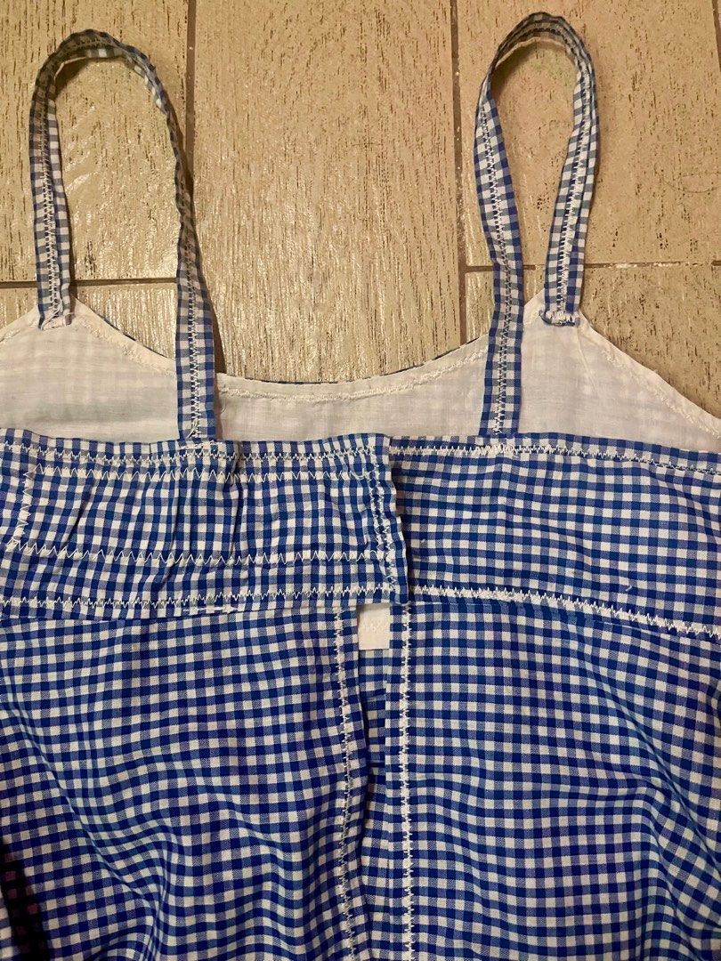 Blue reworked gingham babydoll top (Category: Sleeveless) located in Pasay City. Submitted by robinesbin (Listing ID 1382353265, Image 2). Description: Fits XS-S Semi-backless! Super trendy pattern Reworked top bought at pop-up.