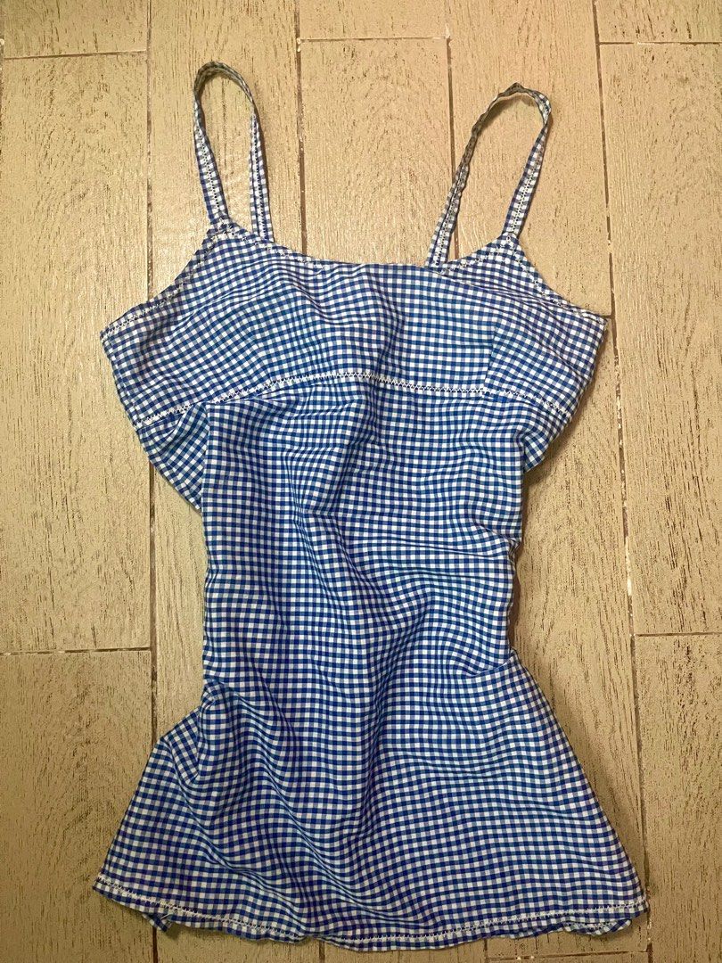 Blue reworked gingham babydoll top (Category: Sleeveless) located in Pasay City. Submitted by robinesbin (Listing ID 1382353265, Image 1). Description: Fits XS-S Semi-backless! Super trendy pattern Reworked top bought at pop-up.