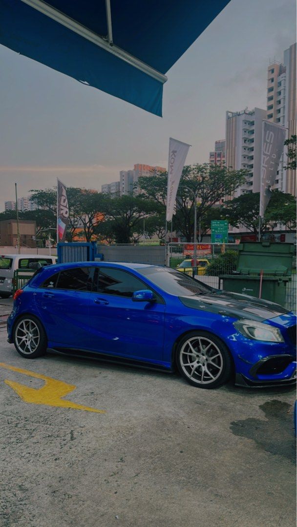 Mercedes-Benz A-Class A200 Style (A) (Category: Used Cars) located in Singapore. Submitted by trickzcart (Listing ID 1382331635, Image 3). Description: Alot done up to this car. -Aikka Candy blue w Glasruit clear coat. Sprayed in and out. -A45 bodykit w carbon fibre parts & hood -Remus Exhaust w cert -Bcbr Coilovers -Custom Air Intake -Ambient lights.