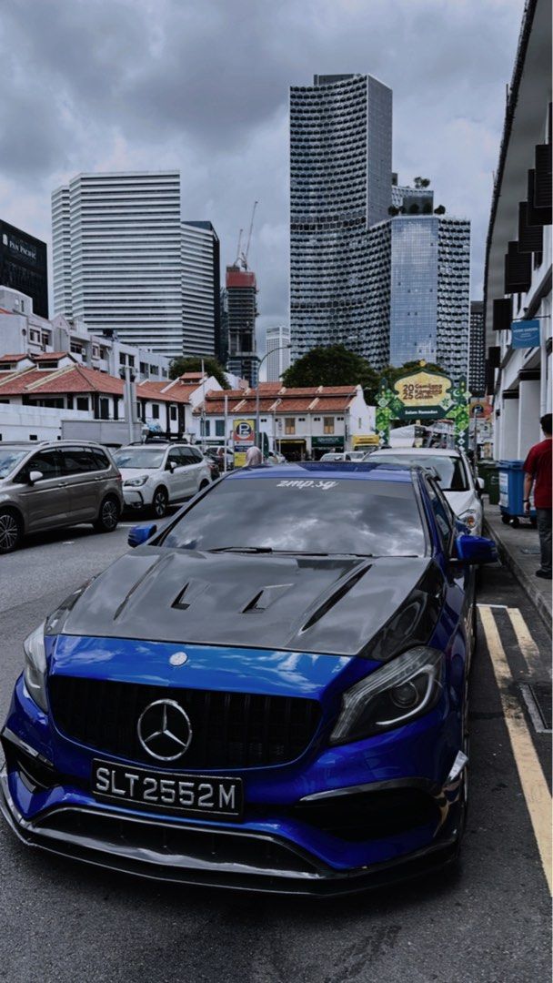 Mercedes-Benz A-Class A200 Style (A) (Category: Used Cars) located in Singapore. Submitted by trickzcart (Listing ID 1382331635, Image 1). Description: Alot done up to this car. -Aikka Candy blue w Glasruit clear coat. Sprayed in and out. -A45 bodykit w carbon fibre parts & hood -Remus Exhaust w cert -Bcbr Coilovers -Custom Air Intake -Ambient lights.