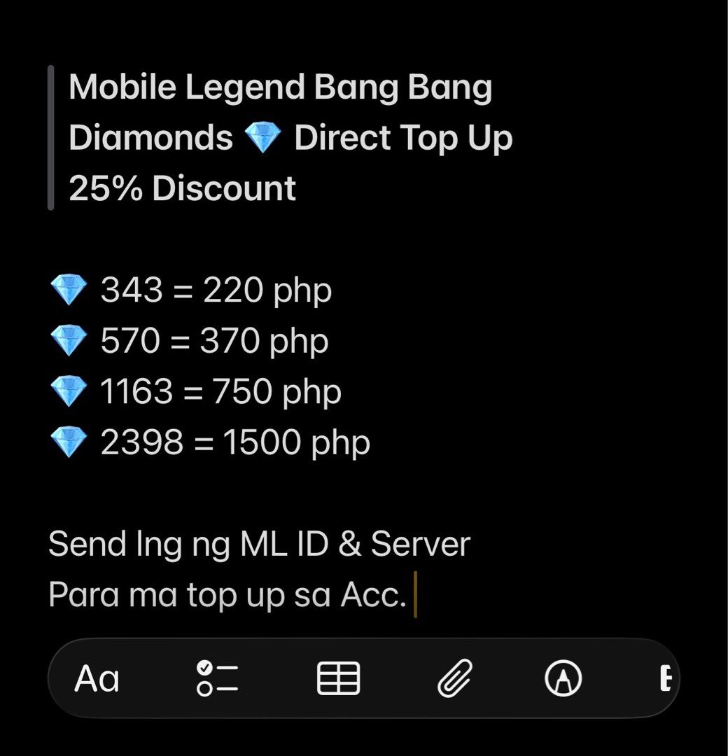 Mobile Legends Diamonds 25% Discount (Category: In-Game Products) located in Cavite. Submitted by _zeuskhalifa (Listing ID 1382489473, Image 1). Description: MLBB Diamonds 💎 25% Discount. Just send ID and Server para ma top up sa acc. Payment via Gcash or Maya..