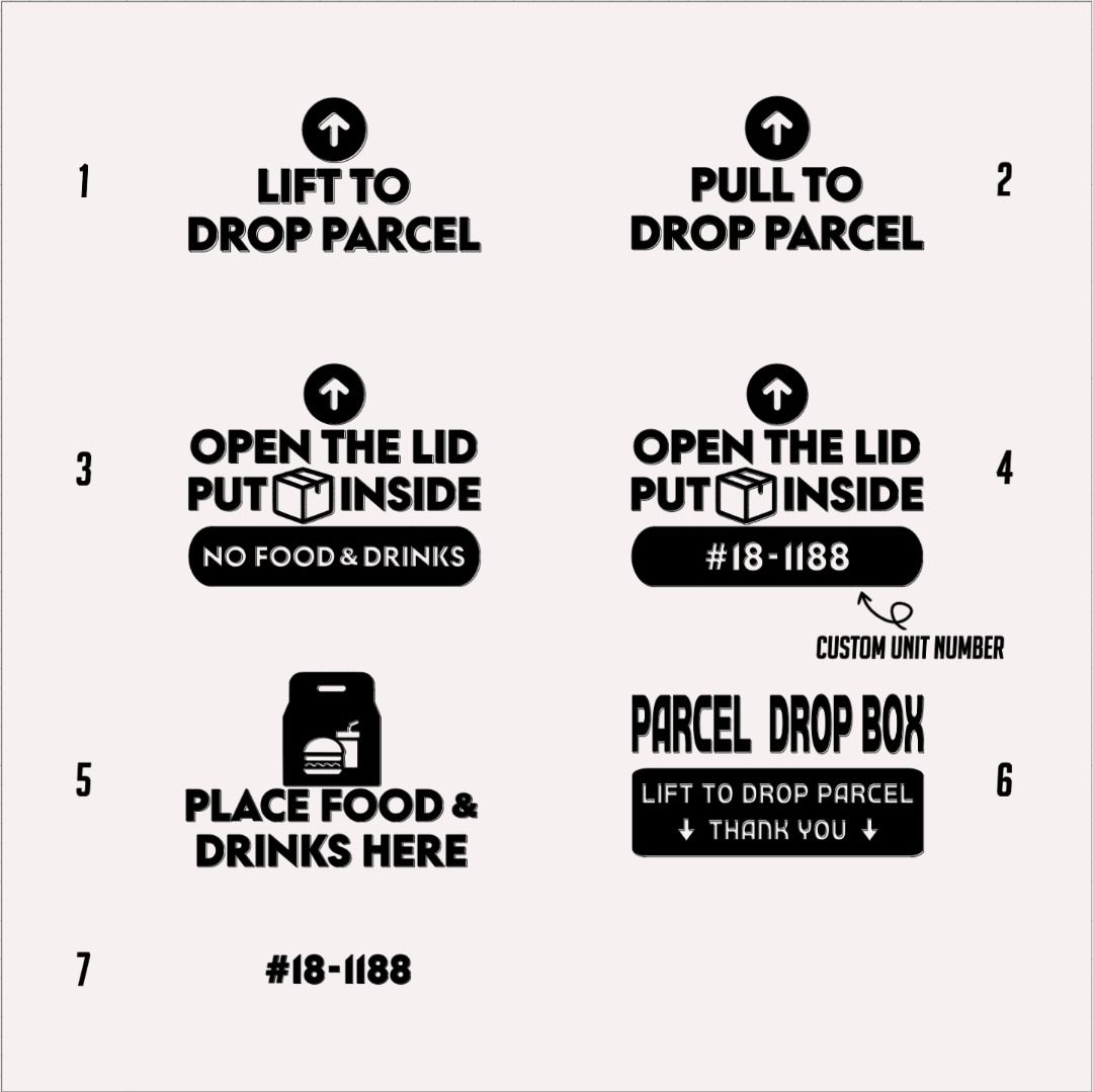 Parcel drop sticker package mail (Category: Home Improvement Tools & Accessories) located in Singapore. Submitted by lumillix (Listing ID 1260250412, Image 2). Description: Design 1 (Length 15, Height 7.91cm) Design 2 (L 15, H 7.91cm) Design 3 (L 15, H 11.45cm) Design 4 (L 15, H 11.45cm) Design 5 (L 15, H 10cm) Design 6 (L 15, H 3cm) and (L 15, H 4.5cm) Design 7 (L 7-8, H 1.5cm) Design 1-6 $14 Design 7 $4.50 Normal mail $1 Smartpac $4 Self collec