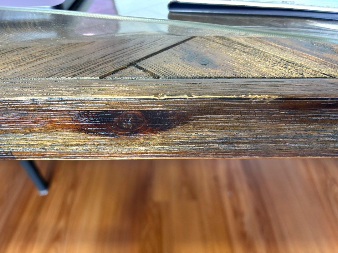 Solid Wood Dining Table Herringbone Pattern (Category: Tables & Sets) located in Singapore. Submitted by palmjuice (Listing ID 1382372691, Image 3). Description: 1.8m Cadencia Dining Table from HipVan Served us well for several years, so some scratches are seen (see pics). Already dismantled into: - solid acacia wood top with herringbone pattern - cast iron brass legs - screws and washers Super easy to reassemble. Free thick plastic cover include