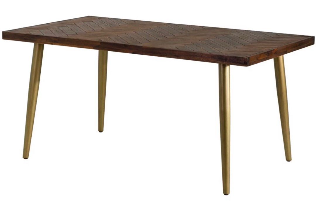 Solid Wood Dining Table Herringbone Pattern (Category: Tables & Sets) located in Singapore. Submitted by palmjuice (Listing ID 1382372691, Image 1). Description: 1.8m Cadencia Dining Table from HipVan Served us well for several years, so some scratches are seen (see pics). Already dismantled into: - solid acacia wood top with herringbone pattern - cast iron brass legs - screws and washers Super easy to reassemble. Free thick plastic cover include