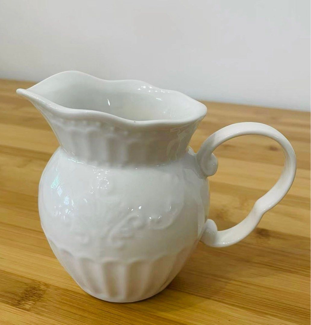 White Ceramic Pitcher with Floral Design