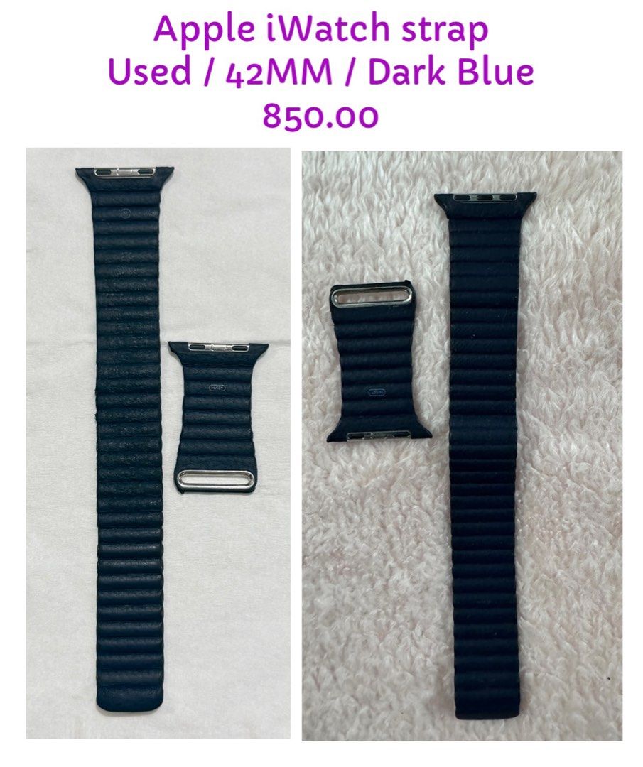 Apple iWatch staps Dark Blue 38MM 42MM (Category: Wearables & Smart Watches) located in Manila. Submitted by carriesel (Listing ID 1382609395, Image 3). Description: Preloved IWatch straps Original Apple ⚙️On hand 💵 850.00 EACH 📌MOP: BPI or GCash ONLY Exact Payment First. No COD. No “Payment by Rider”. 📍MOD: Pick up Makati or Paranaque Shipping c/o Buyer 📱0*9*9*8*5*3*7*7*7*8*5.