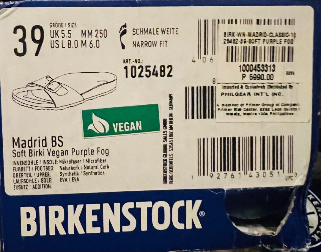 Birken Madrid (Category: Slippers and slides) located in Bacolod City. Submitted by shinggot1981 (Listing ID 1382640167, Image 2). Description: Authentic CLEARANCE OFF FROM ORIG PRICE SRP 5,999 Brand new from mall Birkenstock Madrid Vegan Size 25mm (EU 39).