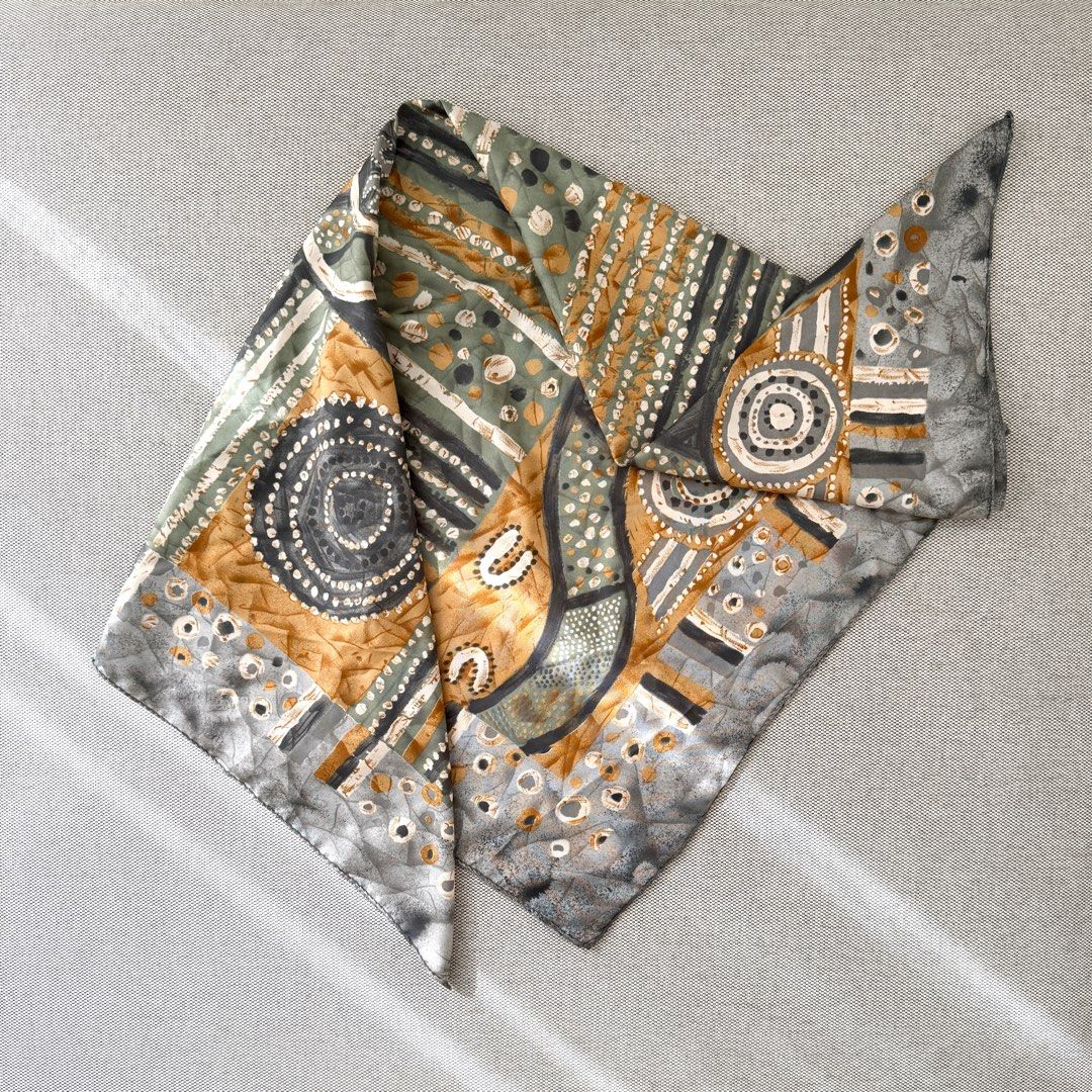 Brown Satin Silk Scarf Print Batik Syal Neck Selendang Coklat