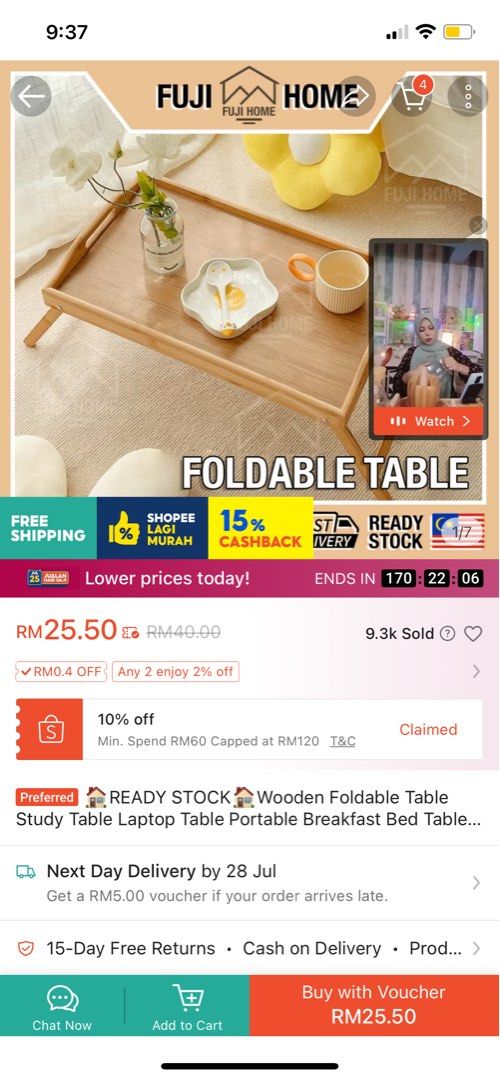 Foldable table (Category: Tables & Sets) located in Kuala Lumpur. Submitted by yimelon (Listing ID 1382635877, Image 2). Description: Accidentally purchase two units, letting go 1 unopen unit CoD: 99speedmart seapark PJ.