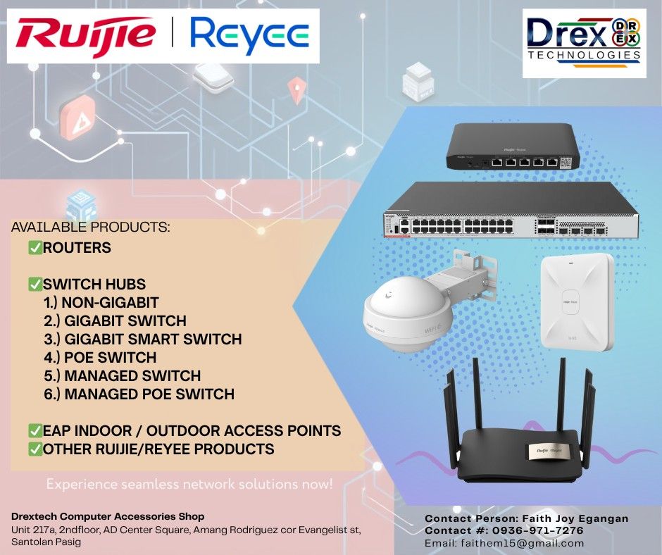 RUIJIE / REYEE Products (Category: Networking) located in Pasig City. Submitted by fjEgangan (Listing ID 1382533359, Image 2). Description: RUIJIE / REYEE Products Discover the future of networking with Ruijie: Efficient, reliable, and built for modern connectivity solutions. 💯 Brand New 💯 7 days replacement if defective, 1 year warranty We also have: 🔸️ Fiber Optic Cables and Accessories 🔸️ Data Cabinet / Network Cabinet 🔸️ Utp / Ftp /Sftp 