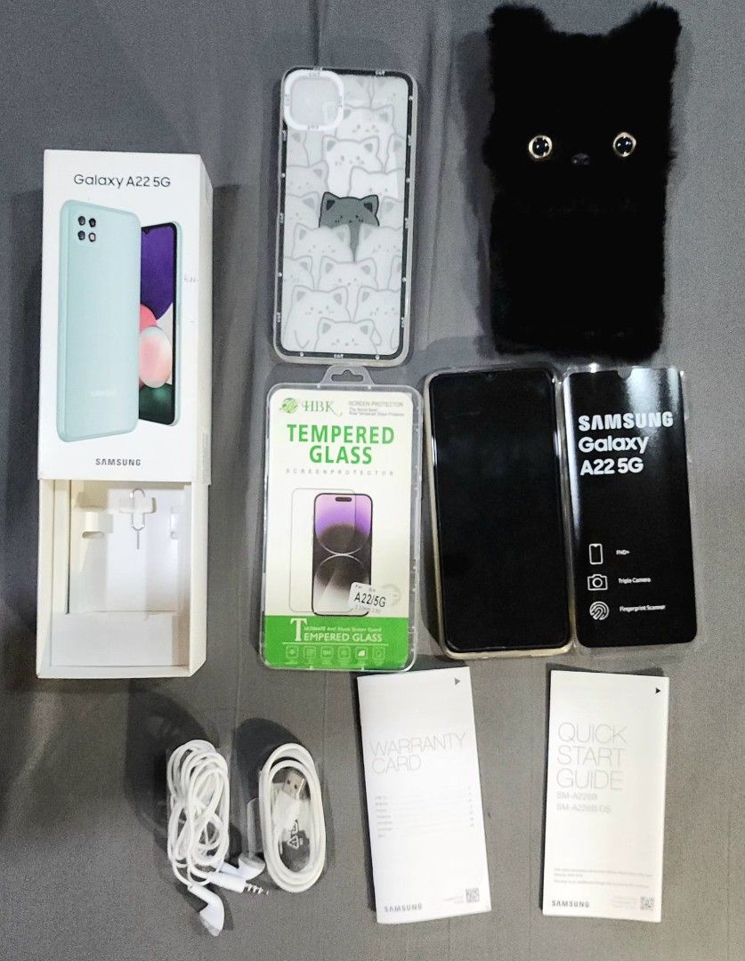 Samsung A22 5g 128gb (Category: Samsung) located in Manila. Submitted by binbot (Listing ID 1382551405, Image 1). Description: Open line phone is in very good condition. Earphones and cable have not been used. Attached screen protector has chipped corner but adding a brand new screen protector for you to change. Comes with 2 new phone cases and 1 used Totoro phone case. RFS is upgrading to a phone that supports esim..